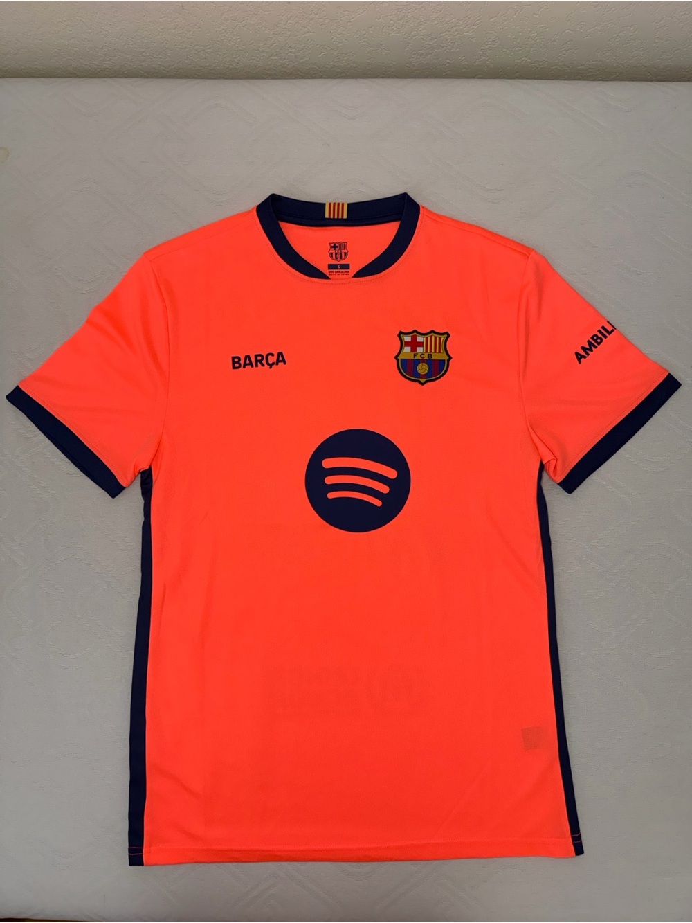 FC Barcelona Neon Orange Soccer Jersey with Navy Trim Lamine Yamal